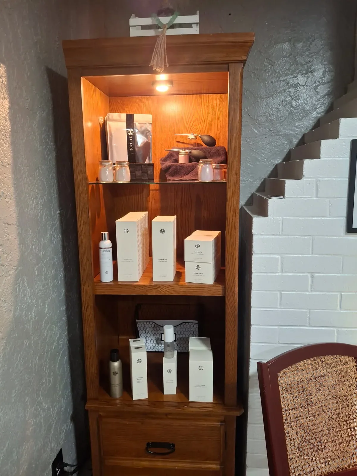 Tanning products displayed in the studio